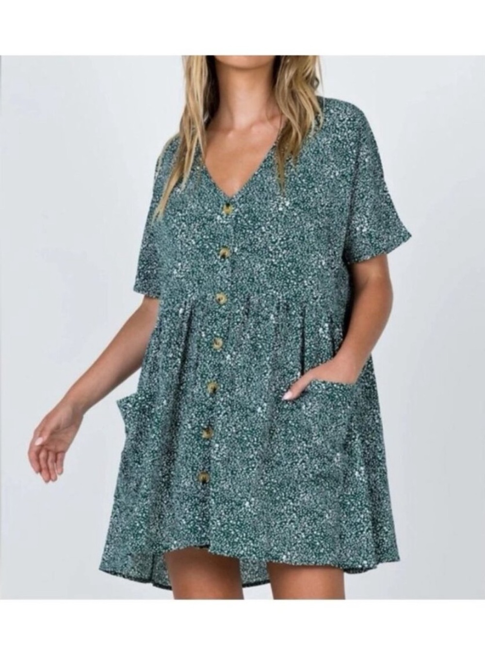 Princess Polly V-Neck Short Sleeve Green Button-Front Swing Dress
